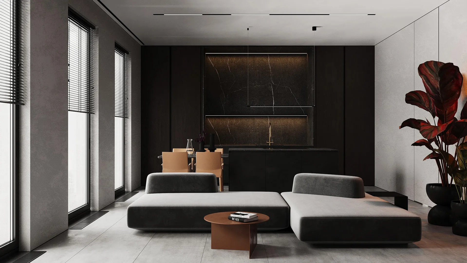 Sophisticated Dialogue in Dark Space Living room 1