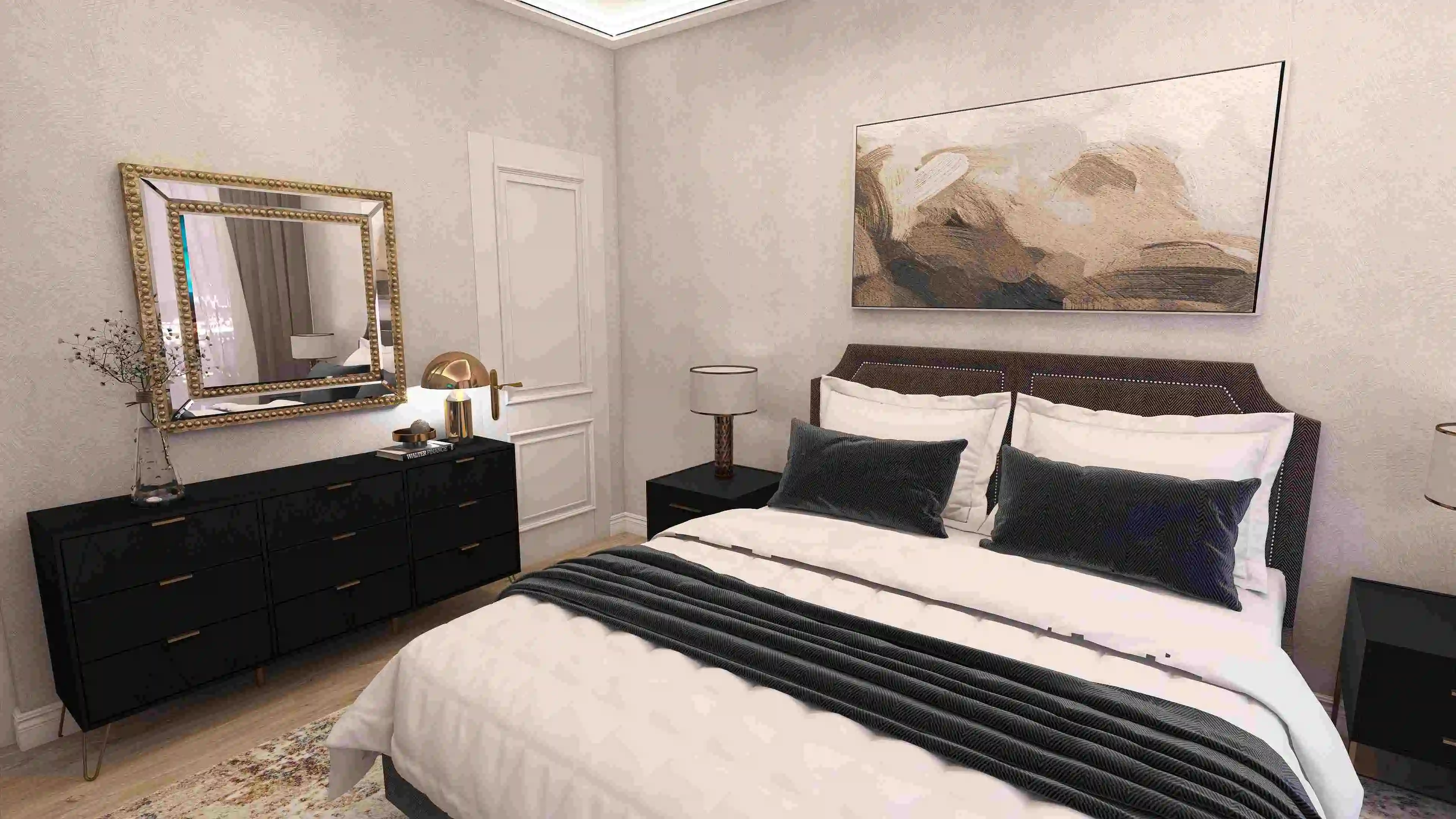 Chic Serenity: A Small Bedroom with Black and Gold Elegance