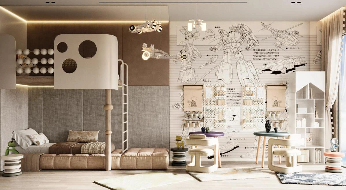 Robot mural in a teen boy’s bedroom.