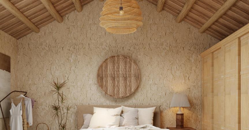 Wooden arched ceiling adds warmth and natural texture to bedroom.