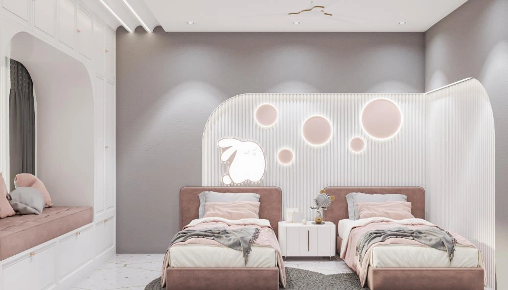 Double children’s bedroom with two beds and storage.