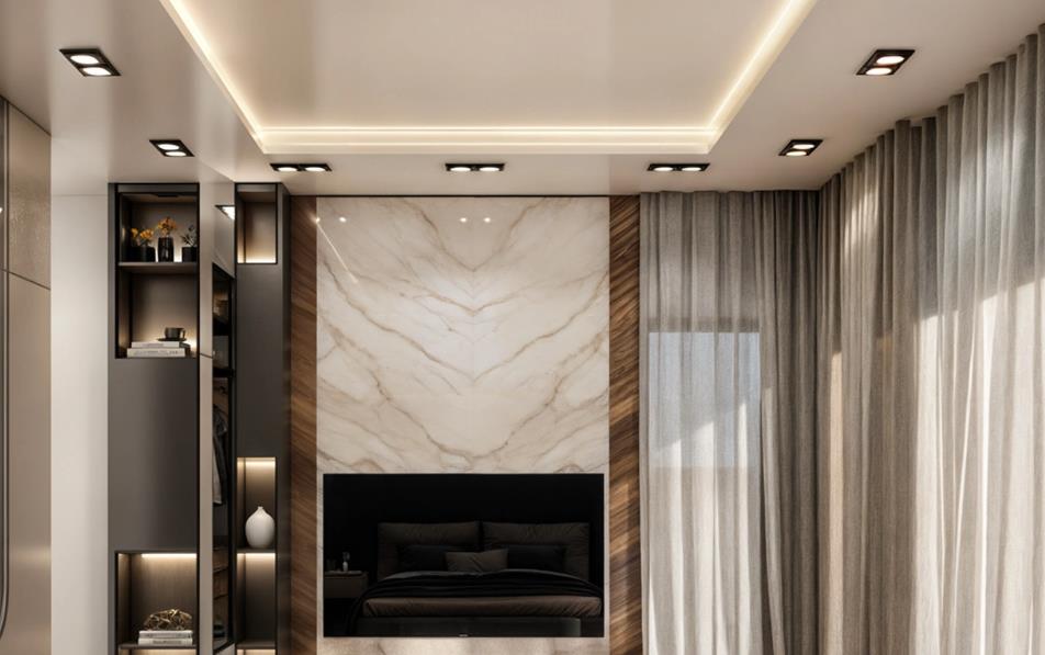 Wooden arched ceiling adds warmth and natural texture to bedroom.