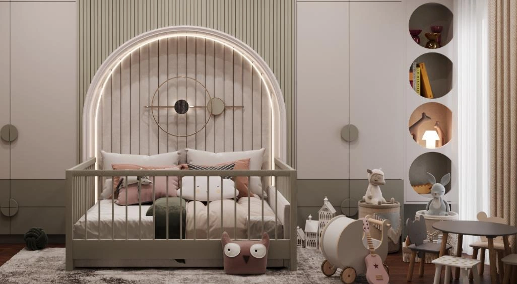 Child-sized bed and desk for a kid’s room.