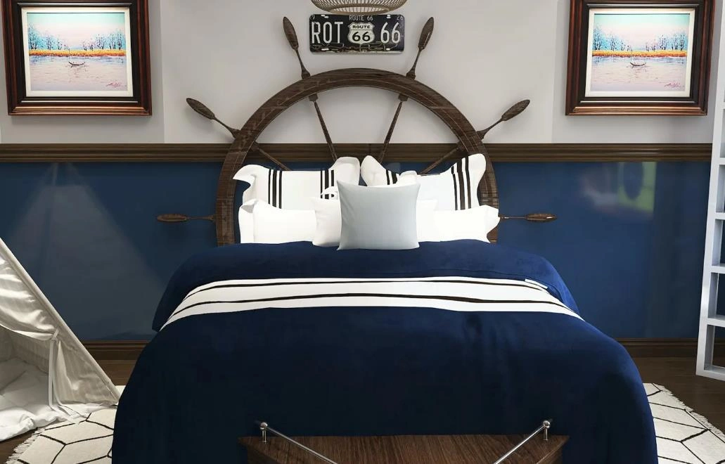 Navy-style kids’ bedroom with blue and white bedding.