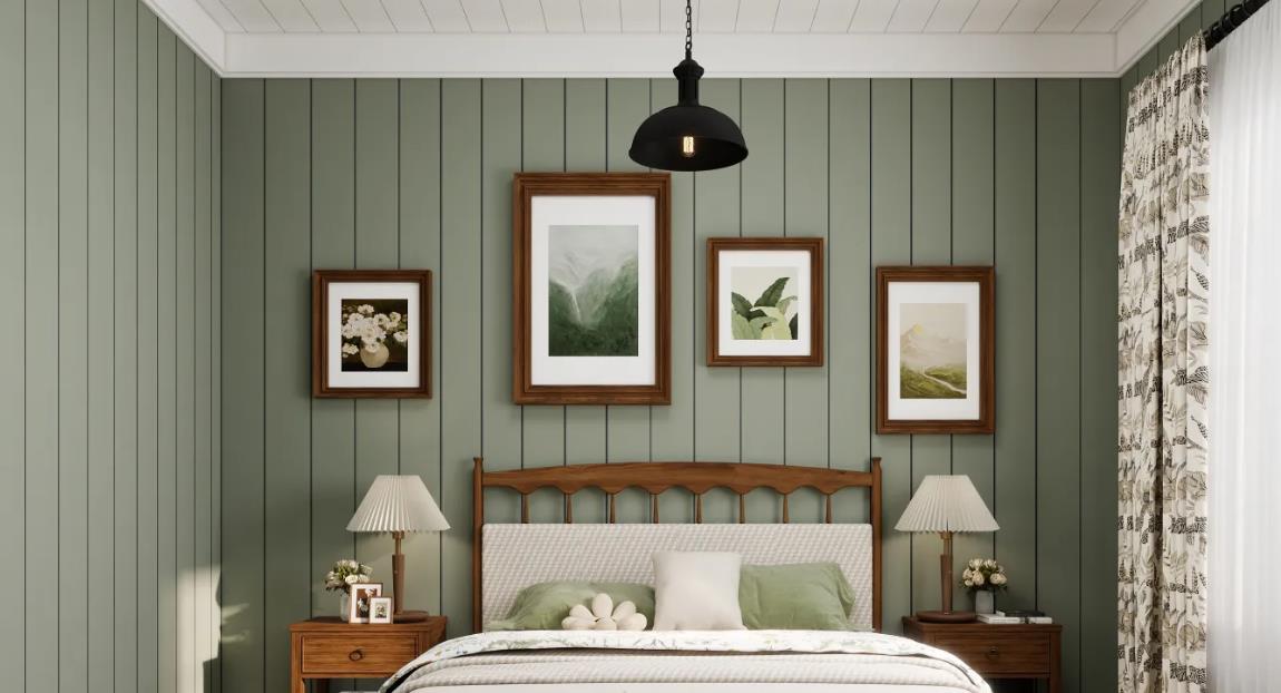 White PVC ceiling with black lines and green walls for stylish look.