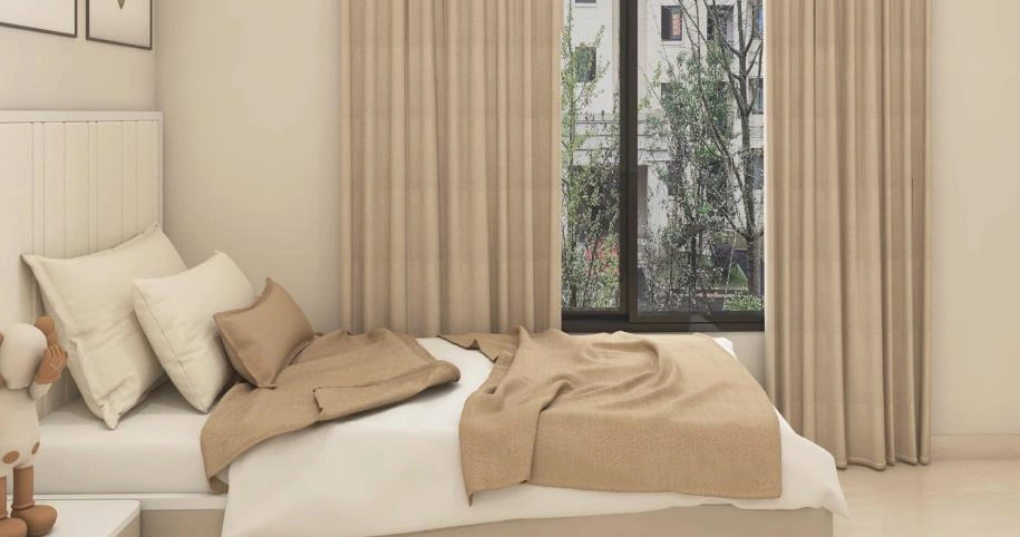 Single bed placed by the window in a small room.