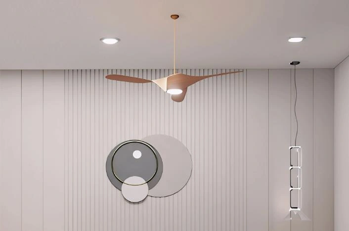 Wooden fan with integrated white light, enhancing comfort and airflow in loft apartment bedroom.