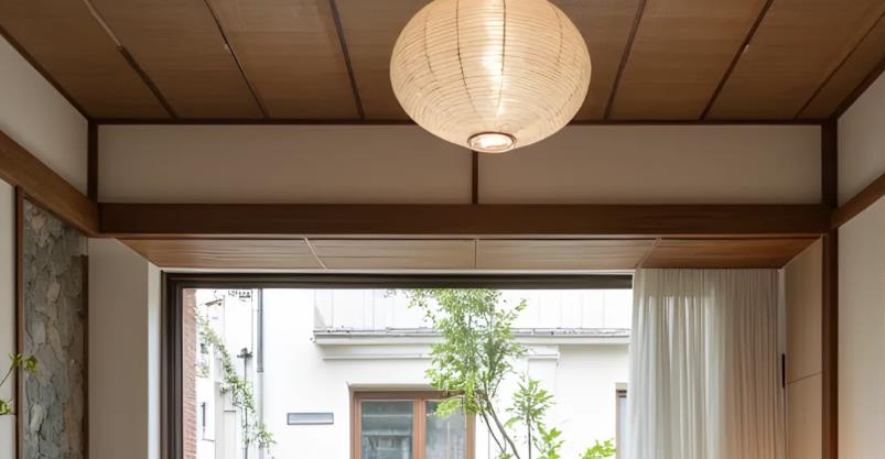 Japanese-style wooden ceiling brings calm and Zen-inspired elegance.