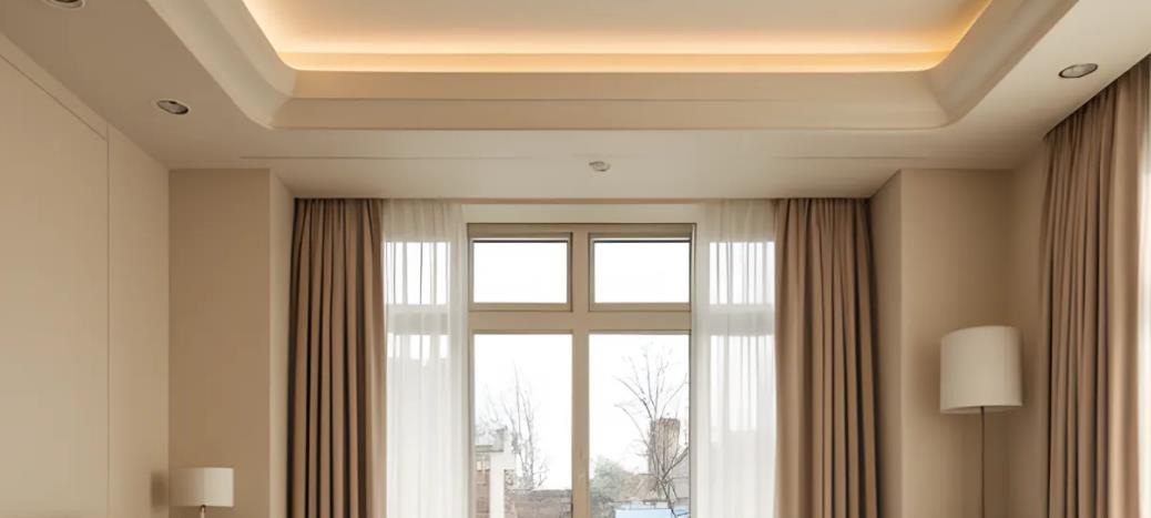 Cream-colored layered ceiling with soft lighting for elegant space.