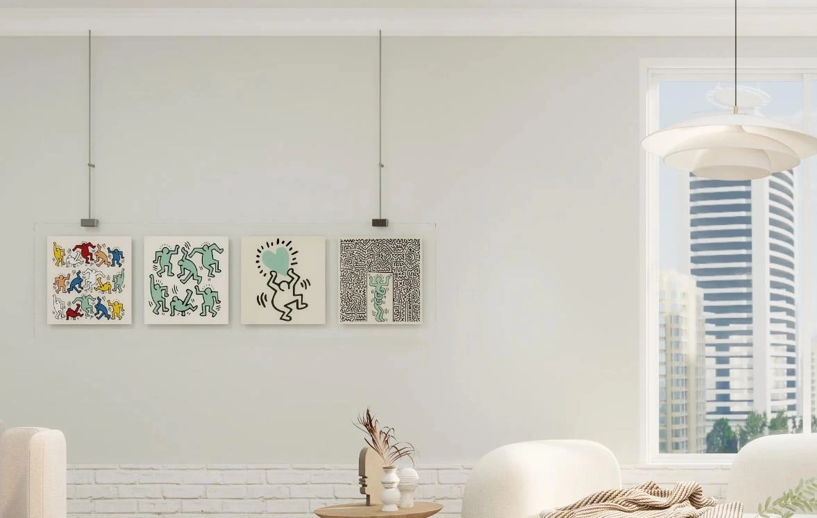 Playful line art paintings on wall for men's apartment, minimalist black lines creating rhythm.