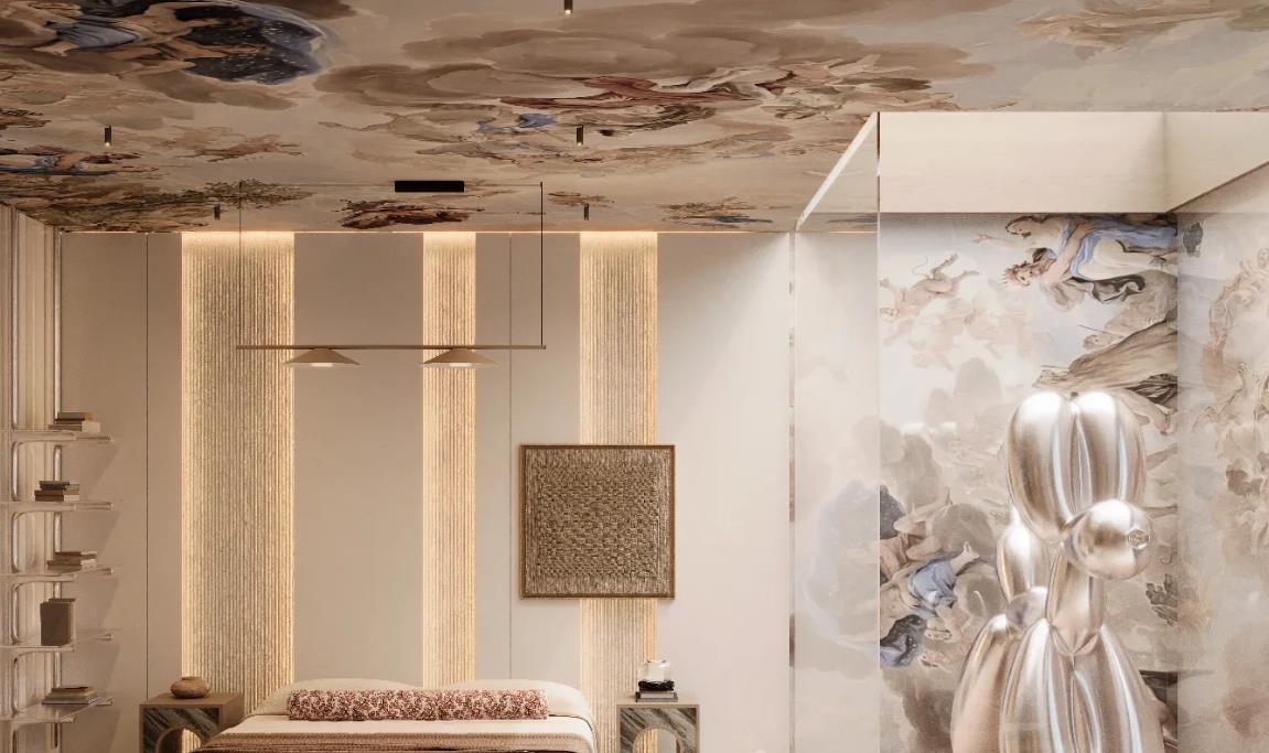 Artistic floral ceiling design adds height and classic charm.