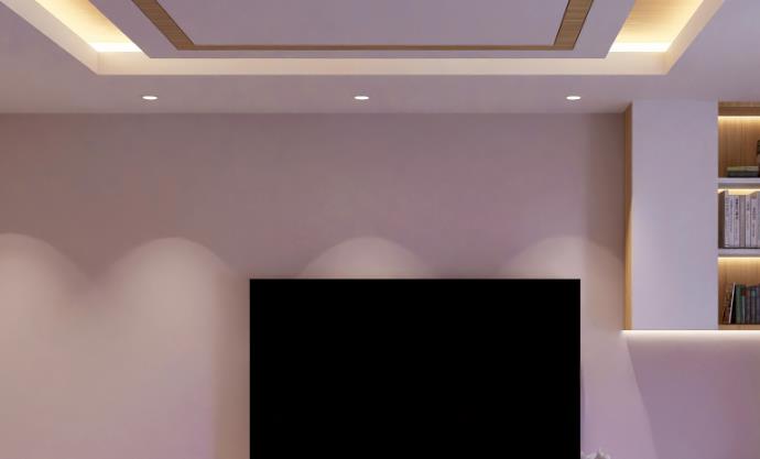 Purple ceiling with square LED lights for modern small bedroom.