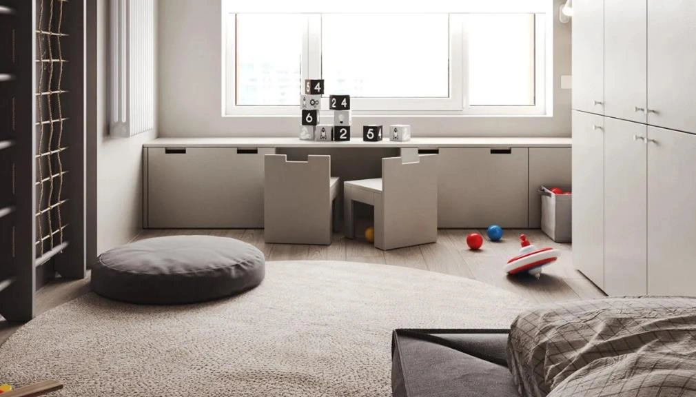 Simple gray-and-white furniture layout for a teen room.