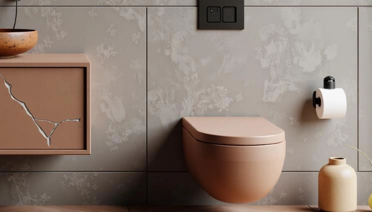 Wall-mounted wooden grain sink, floating design for small modern bathroom.