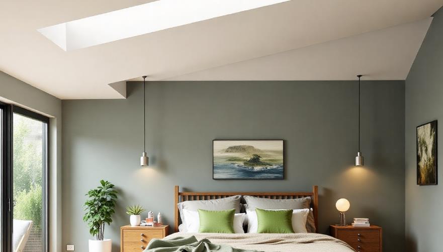 Sloped white ceiling with skylight for bright, natural bedroom.