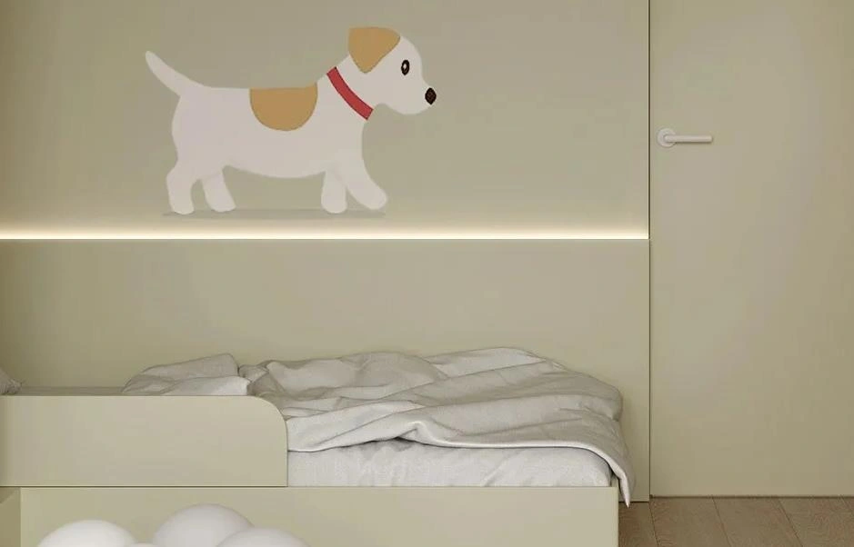 Cartoon wall stickers design on a light green wall in kids‘ room.