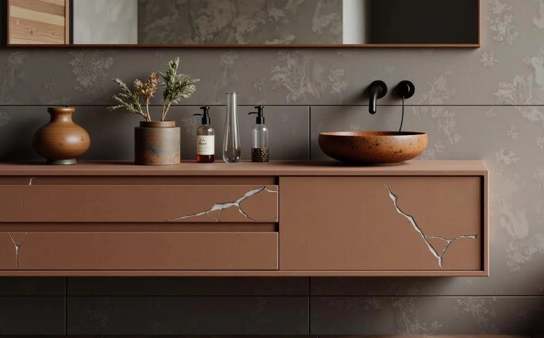 Cylindrical wooden coffee table on balcony, rustic natural style with solid wood stump.
