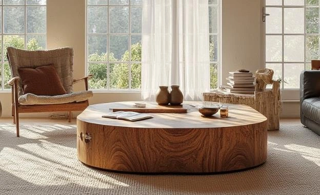 Cylindrical wooden coffee table on balcony, rustic natural style with solid wood stump.