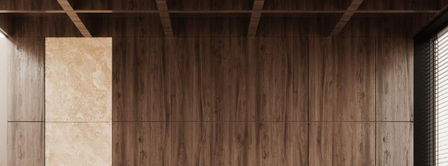 Wooden grid ceiling for modern, warm, and elegant master bedroom.