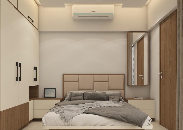 High plaster ceiling with air conditioning for modern master bedroom.