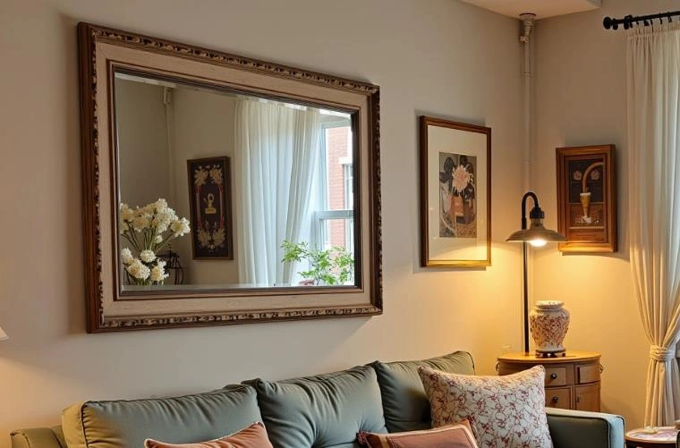 Vintage brown framed mirror on wall, expanding space visually in small apartment.