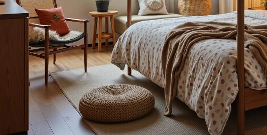 Woven linen mat with ergonomic support, natural and comfortable addition to bedroom.