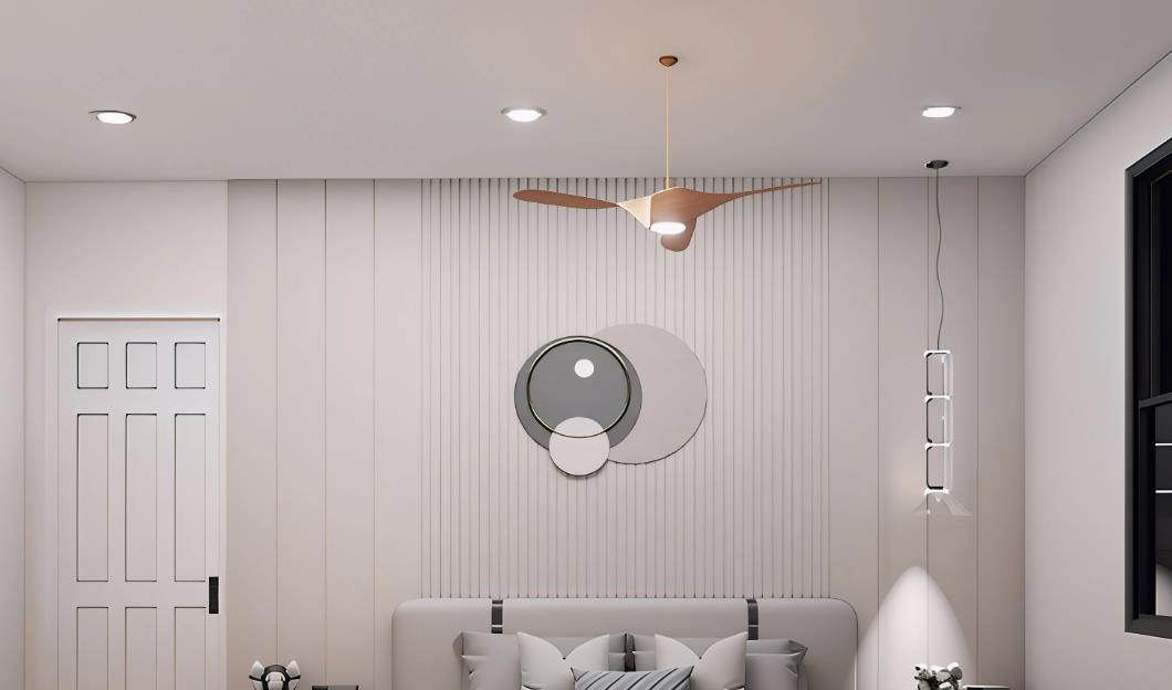 Wooden ceiling fan on white ceiling adds warmth to modern bedroom.