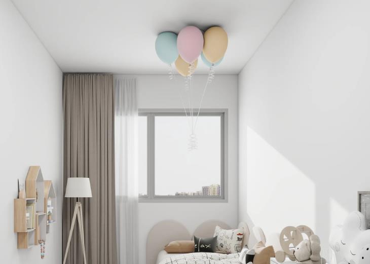 White ceiling with colorful balloons for playful kids’ bedroom.
