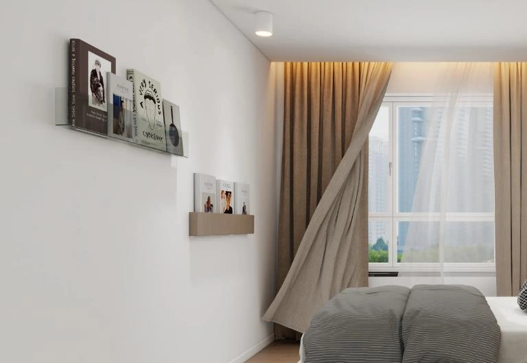 Transparent bookshelf with colorful books and wooden shelf with white books, small apartment wall decor.