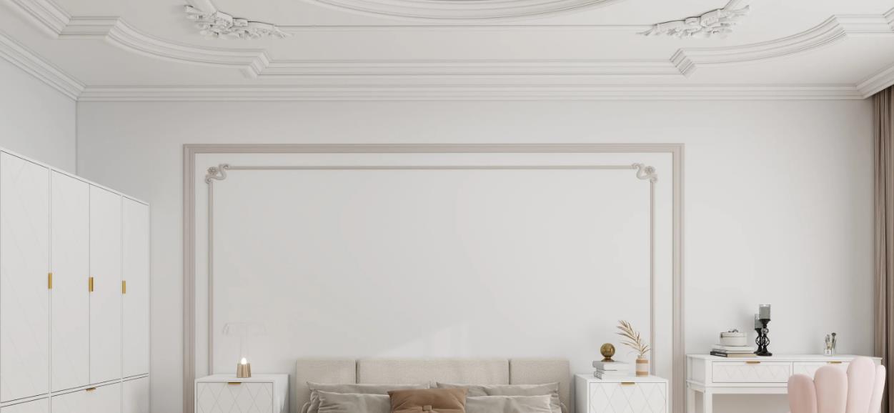 Luxurious embossed white ceiling for elegant Nordic-style bedroom.