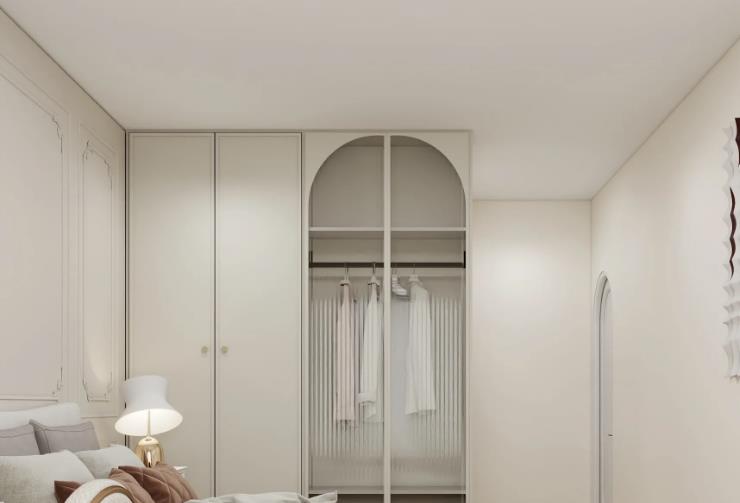 Small white PVC ceiling for clean and bright cottage-style bedroom.