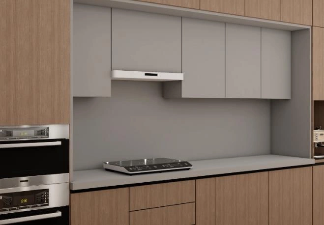 Concealed range hood hidden in cabinet, modern kitchen space-saving and sleek design.