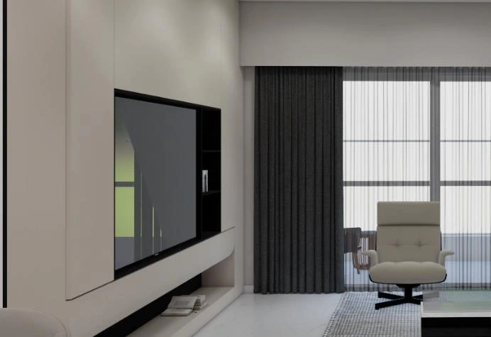 Built-in TV cabinet with grid-style shelving, organized display and compact living room solution.