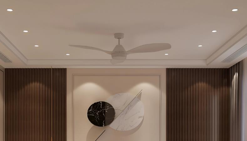 White POP ceiling with fan creates clean, minimalist small bedroom.
