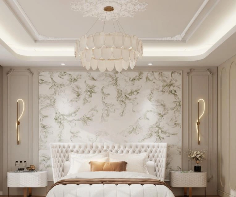 Lotus-shaped pendant light with layered design, romantic French-style bedroom accent.