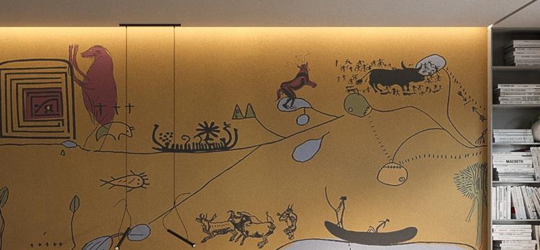 Simple ceiling with colorful walls for lively, modern home interior.