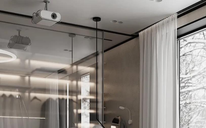 Gray PVC ceiling with projector for smart modern bedroom setup.