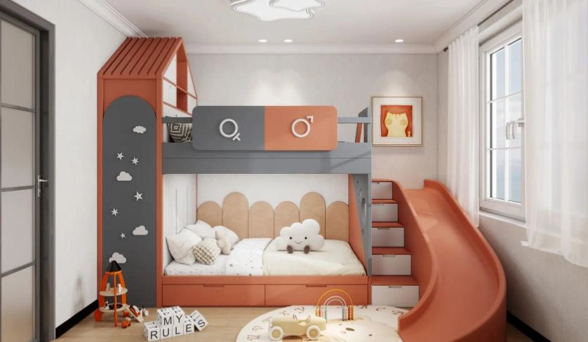Orange bunk bed with a slide for young siblings.