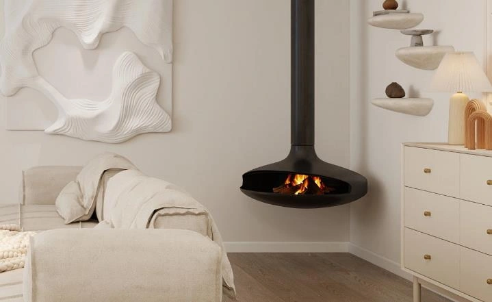 Wall-mounted black fireplace with chimney, cozy modern apartment feature.