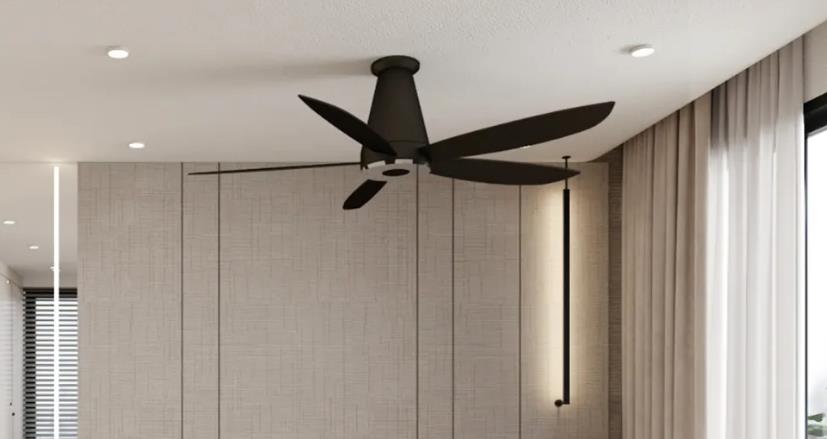 Black ceiling fan on white ceiling for elegant modern master bedroom.