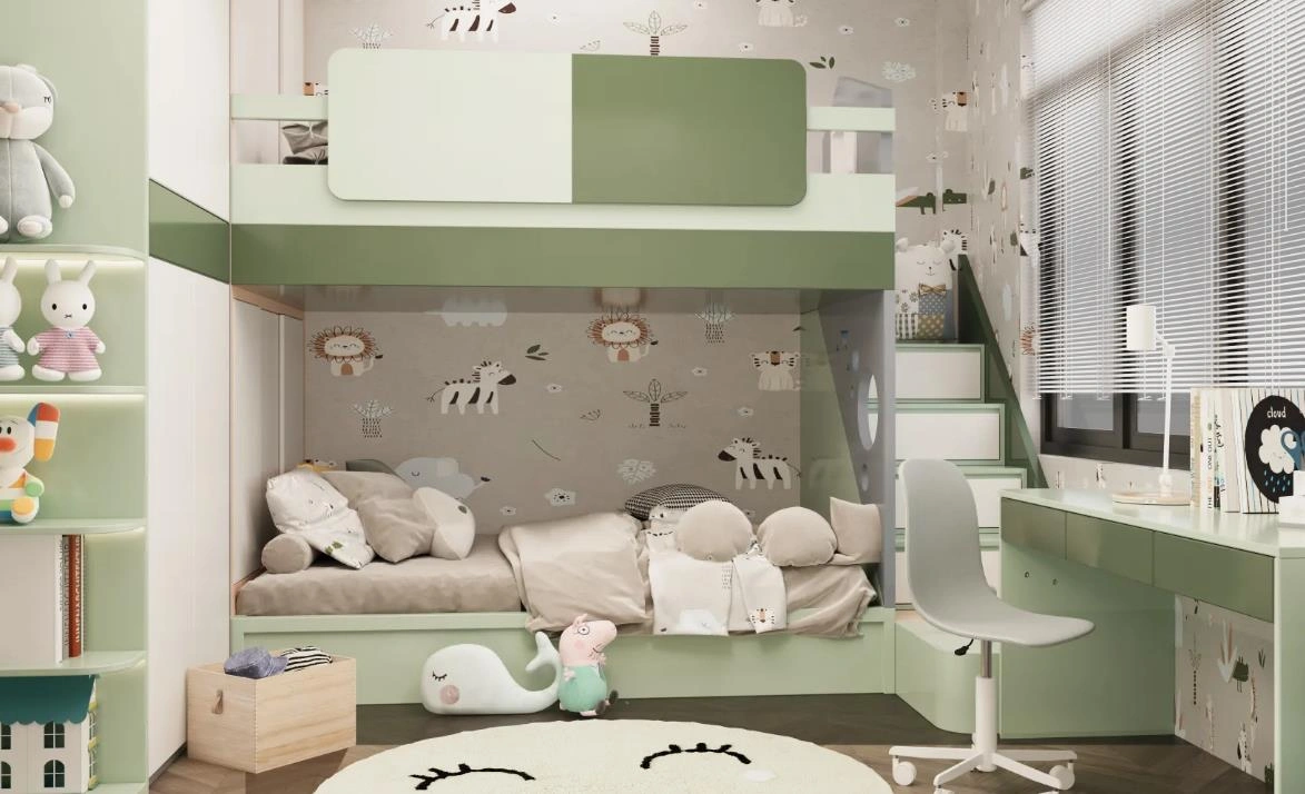 Green bunk bed with guardrails and stairs in kid's bedroom.
