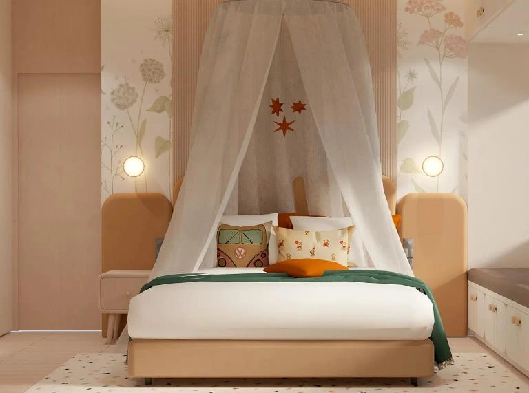 Bed canopy hanging from the ceiling in a kids’ room.