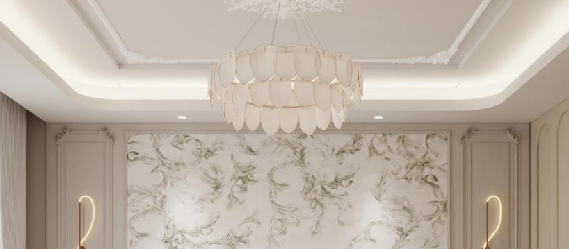 Feather chandelier on false ceiling adds luxury and elegance.