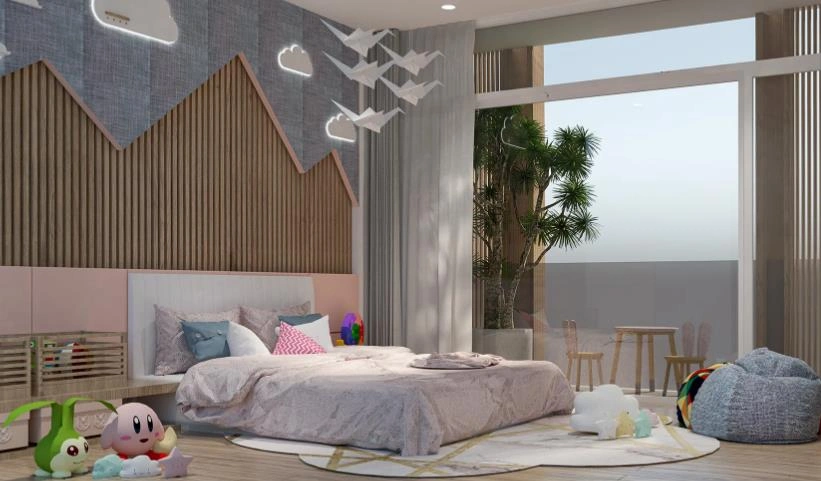 Paper cranes hanging from the ceiling in a children’s bedroom.