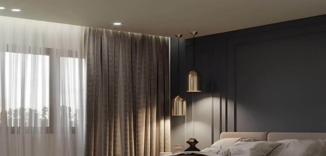 Light-colored ceiling design for fresh, modern bedroom interior.