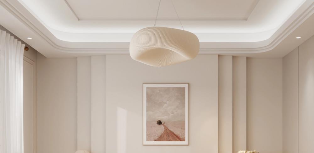 Cream-white curved false ceiling brings softness and sophistication.