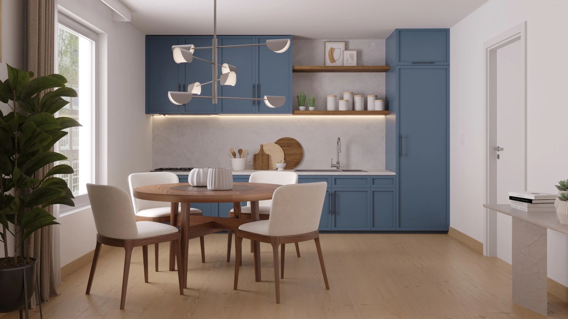 Sleek Blue Harmony: A Modern Open-Concept Space