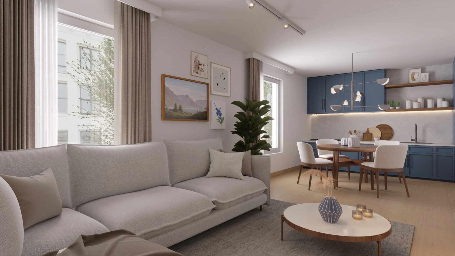 Sleek Blue Harmony: A Modern Open-Concept Space
