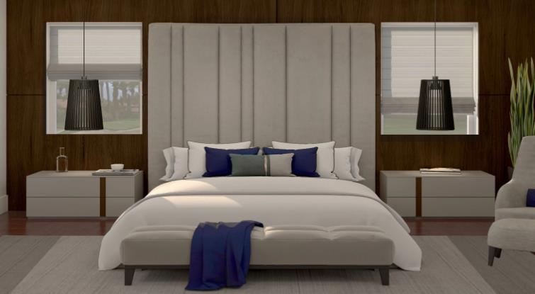 A rustic farmhouse master bedroom with a distressed white wooden bed frame