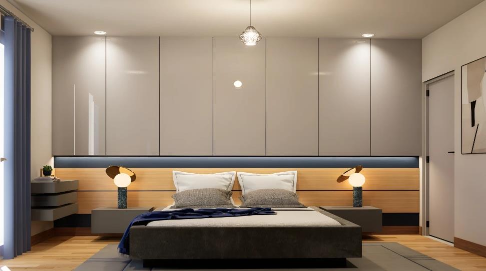A modern bedroom with blue-and-wood upholstered walls instead of a headboard